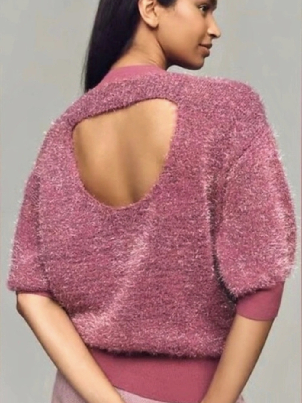 Anthropologie Maeve Violetta Short Sleeve Tinsel Sweater Pink Women XS
